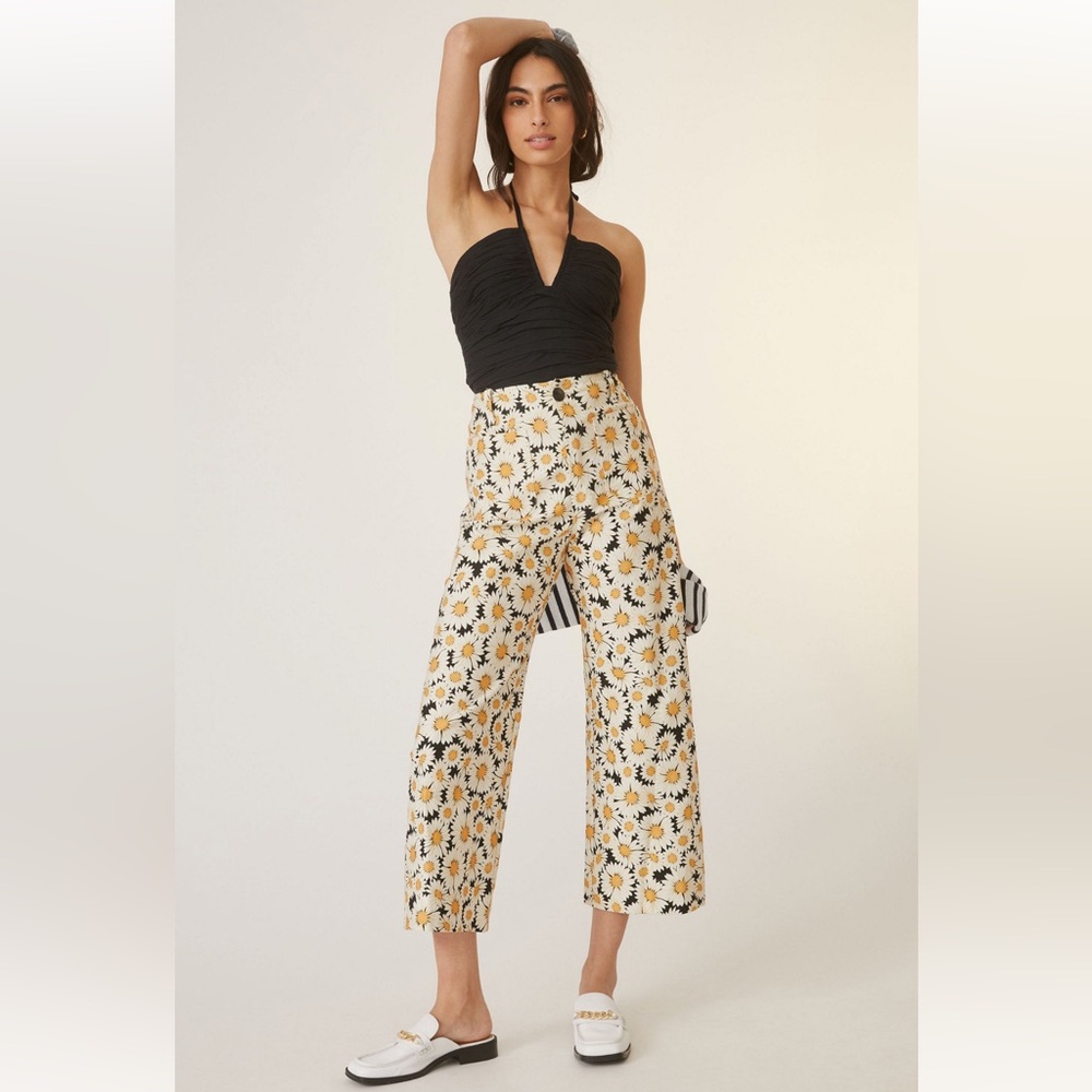 Anthropologie Yellow and White Daisy Print Pants